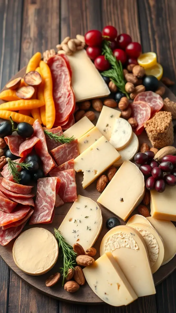 A beautifully arranged cheese and charcuterie board featuring various cheeses, cured meats, nuts, olives, and fresh fruits.