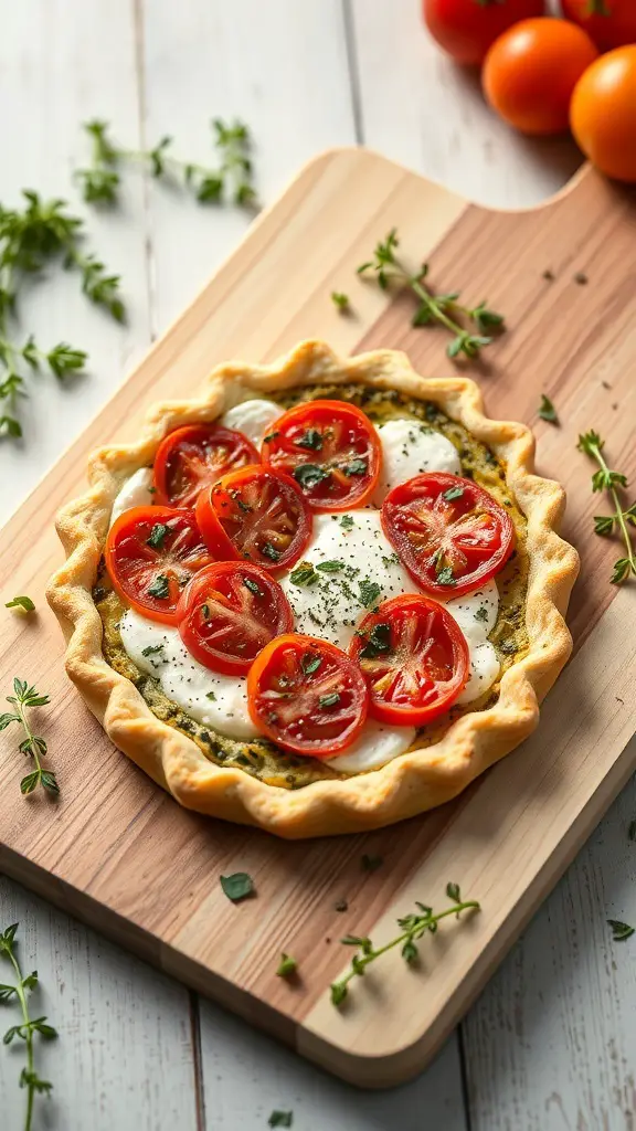 A freshly baked Herbed Goat Cheese and Tomato Tart on a wooden board, garnished with herbs and surrounded by cherry tomatoes.