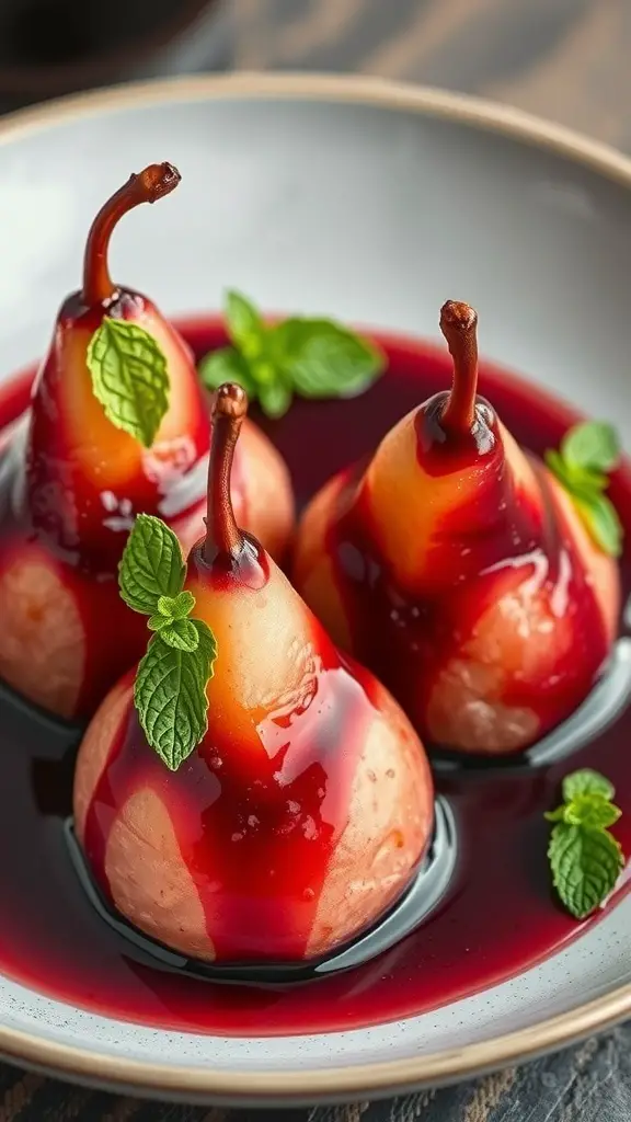 Three poached pears in red wine sauce with mint leaves on a plate.
