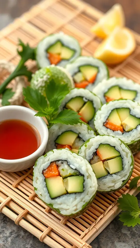 Cucumber and avocado sushi rolls on a bamboo mat with dipping sauce and lemon slices