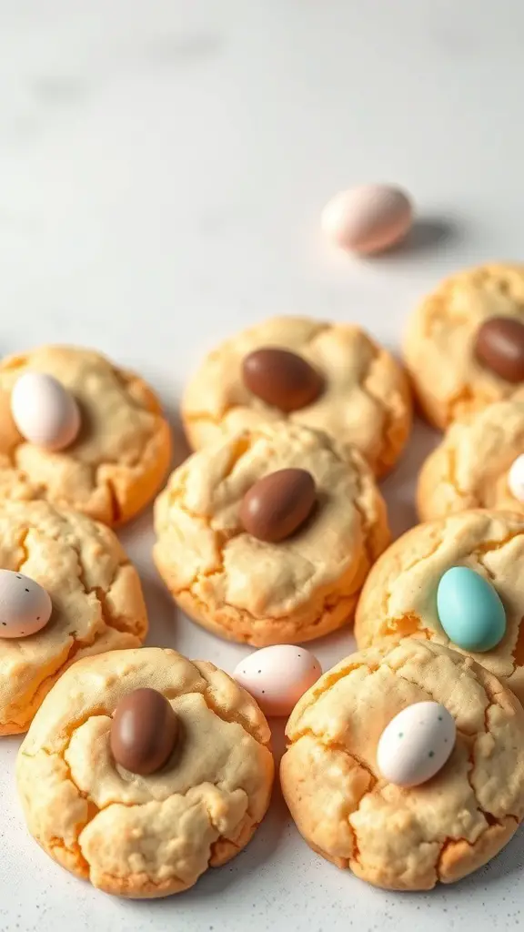 A close-up of chocolate egg hunt cookies topped with colorful chocolate eggs.