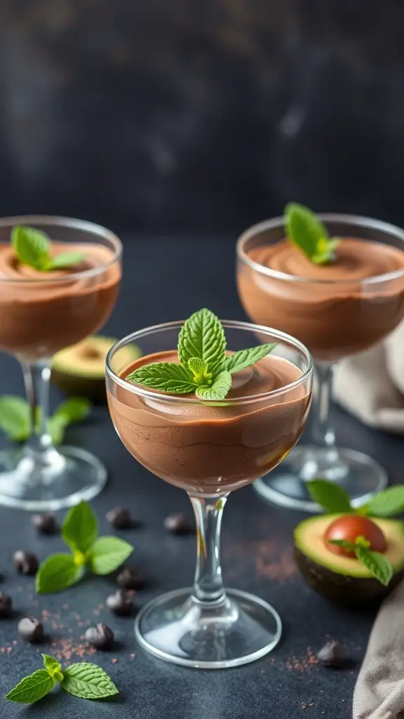 Three servings of chocolate avocado mousse topped with mint leaves, surrounded by avocado halves and chocolate chips.