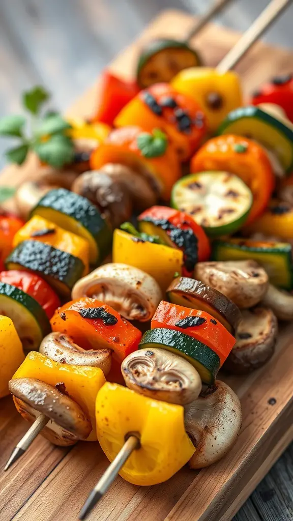 Colorful grilled vegetable skewers on a wooden platter