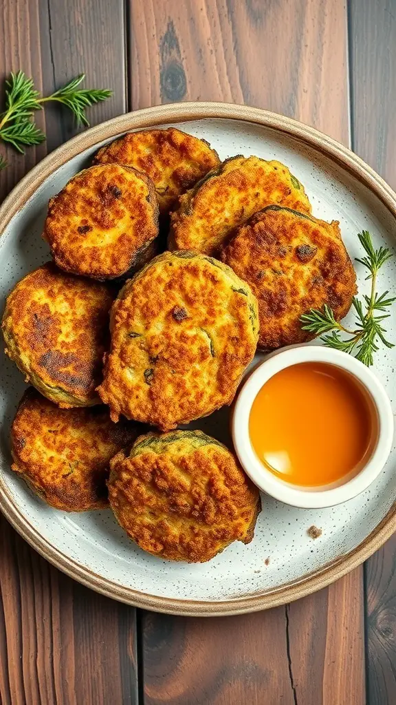 A plate of golden-brown fried zucchini fritters with a small bowl of dipping sauce.