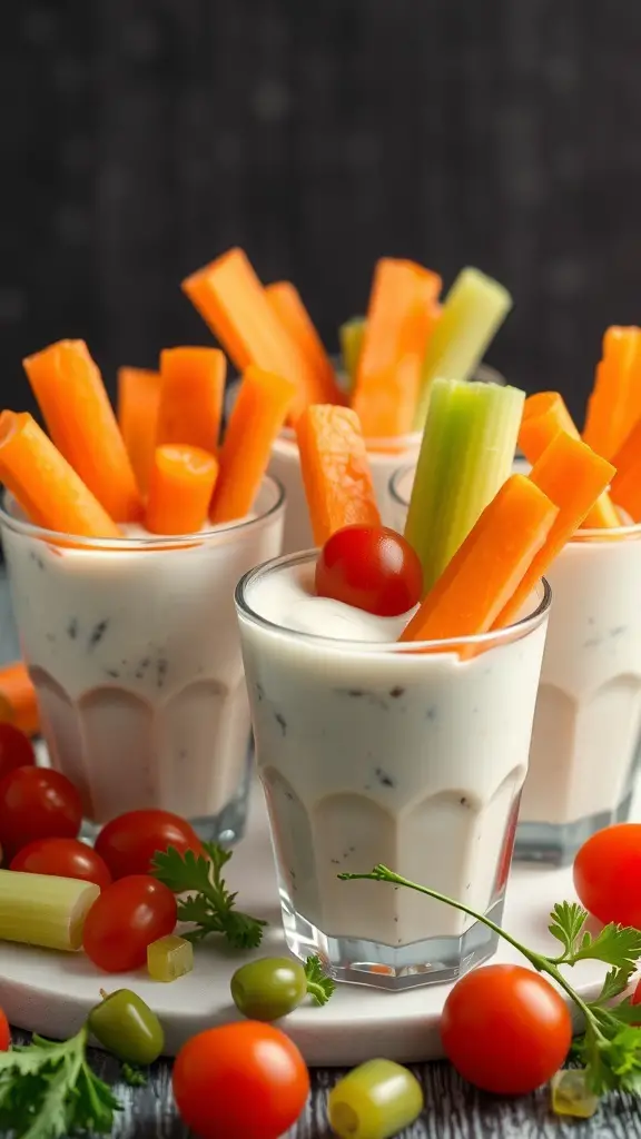 Colorful veggie cups with dip, featuring carrot sticks, celery, and cherry tomatoes.