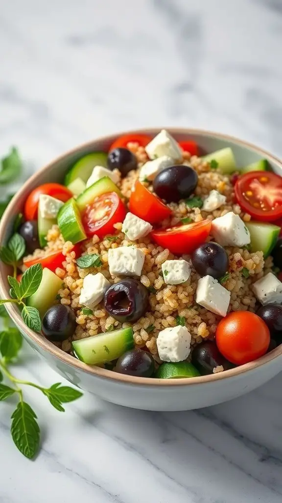 A bowl of Mediterranean Quinoa Salad with quinoa, cucumbers, tomatoes, olives, and feta cheese.