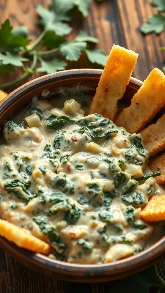 A bowl of creamy spinach and artichoke dip with crispy breadsticks on the side.