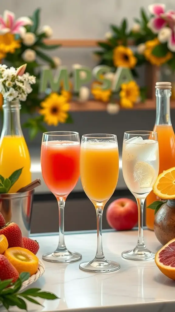 A colorful mimosa bar featuring fresh juices and sparkling wine, with fruits and flowers in the background.