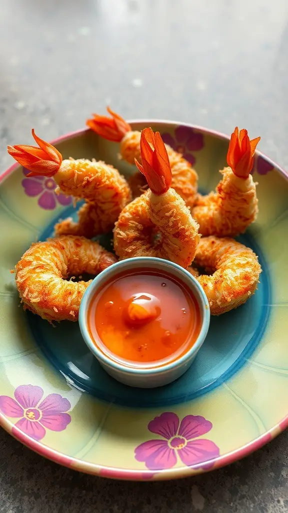 A plate of crispy coconut shrimp with a sweet dipping sauce