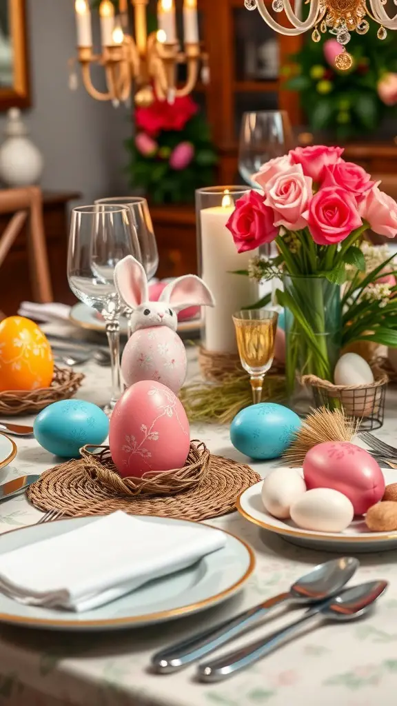A beautifully arranged Easter table with decorative egg place settings, featuring colorful eggs, a bunny figure, and fresh flowers.