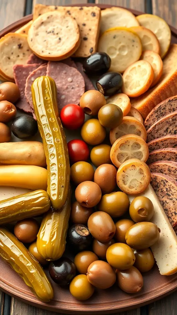 A colorful charcuterie board featuring pickles, olives, and assorted snacks.