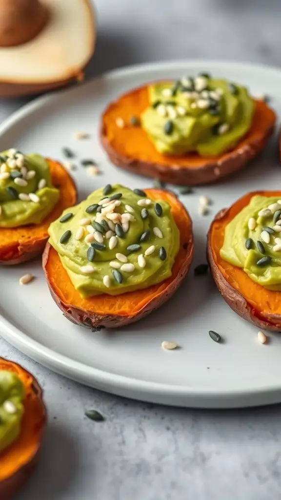 Sweet potato bites topped with avocado and seeds on a plate