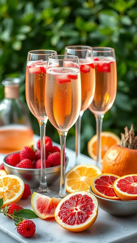 A beautiful display of Rosé Mimosas with fresh fruits like strawberries, oranges, and raspberries, perfect for a brunch.