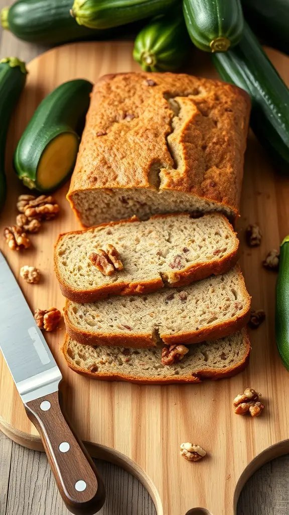 A loaf of zucchini bread with walnuts, sliced and surrounded by fresh zucchinis and walnuts on a wooden cutting board.