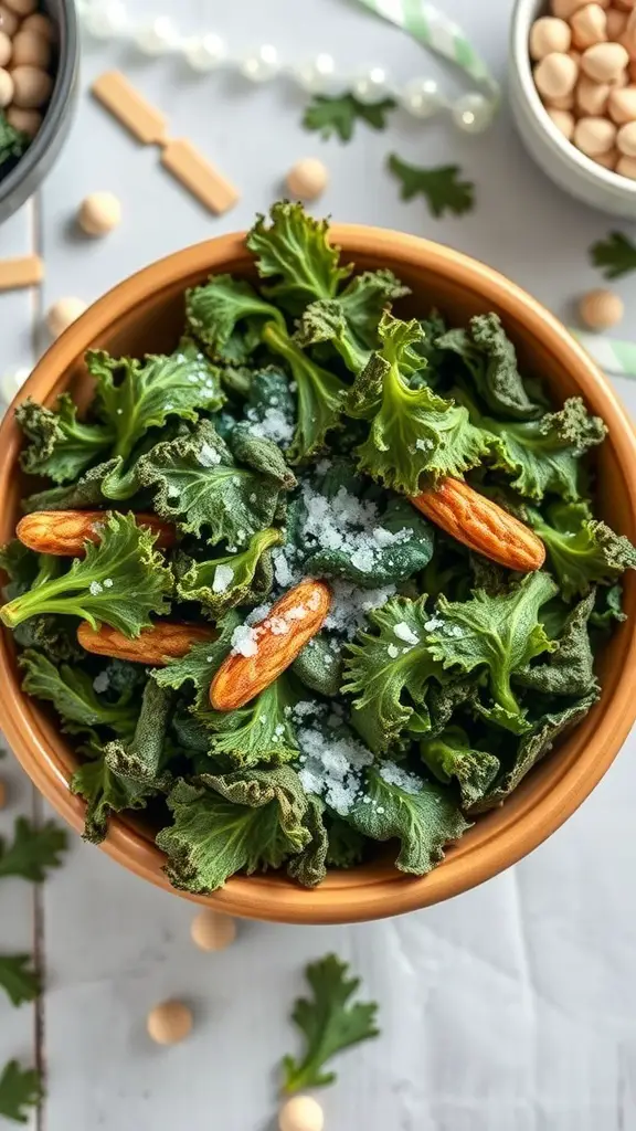 A bowl of kale chips sprinkled with sea salt and almonds.