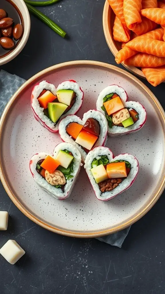 Heart-shaped sushi rolls filled with colorful vegetables and proteins, served on a plate.