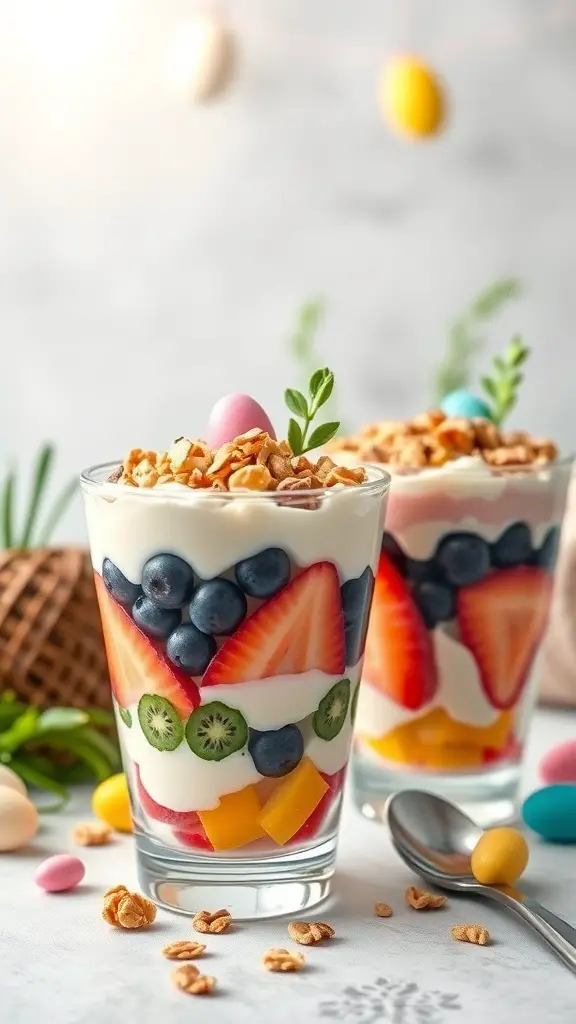 Colorful fruit and yogurt parfaits in glasses, topped with granola and Easter eggs in the background.