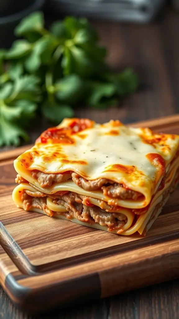 A deliciously layered traditional lasagna on a wooden cutting board with fresh herbs in the background.