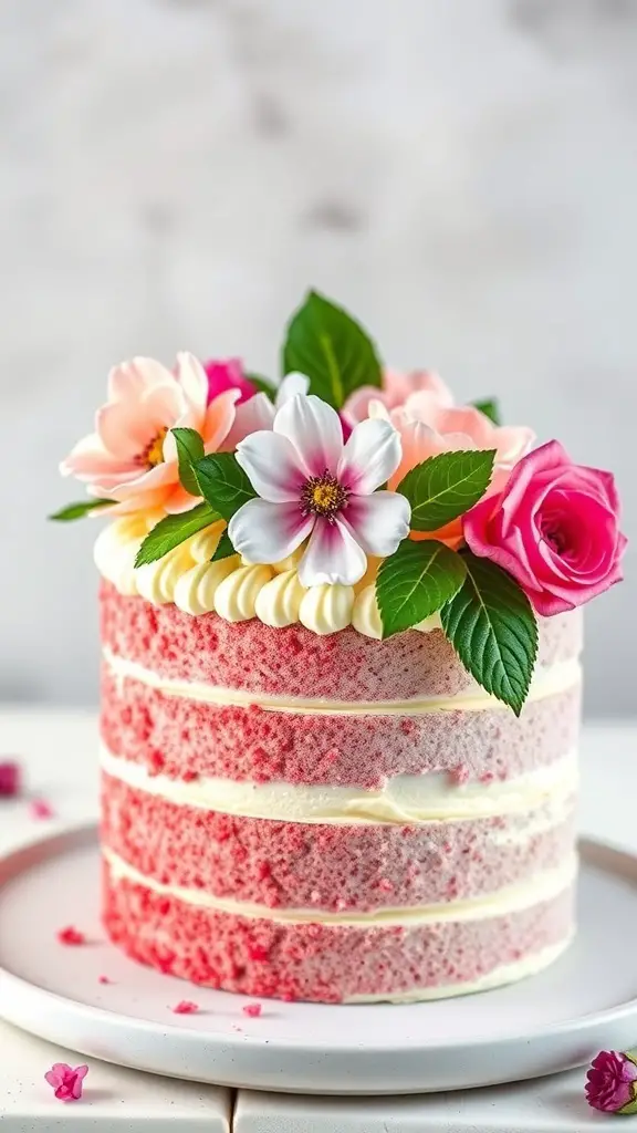 A beautifully decorated pink velvet cake with flowers on top.