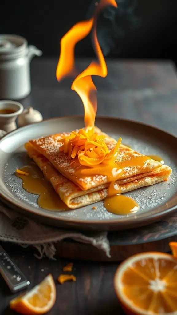 Crêpes Suzette with orange sauce, featuring flames and orange zest on top