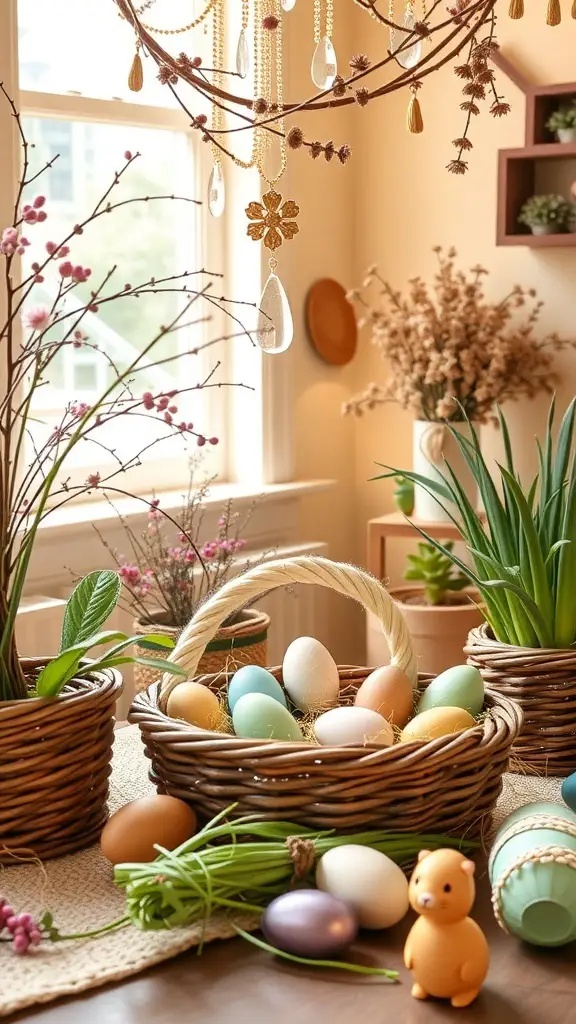 A beautifully arranged Easter setup featuring woven baskets with dyed eggs, fresh greenery, and decorative elements.