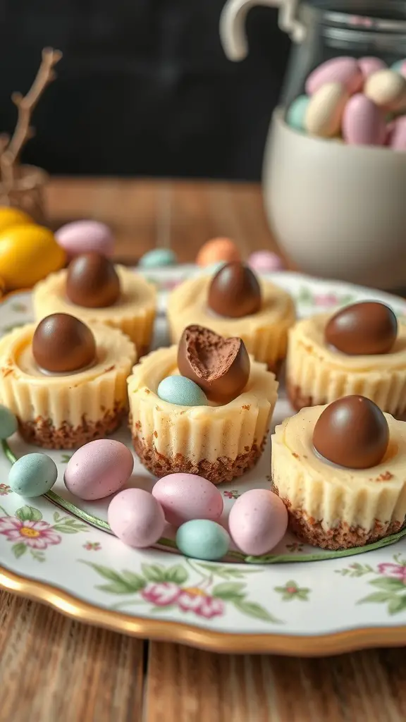 Mini Egg Cheesecake Bites on a decorative plate with colorful candy eggs