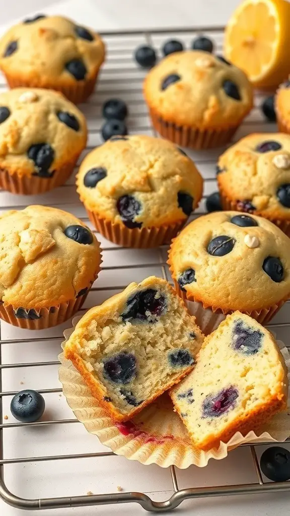 Freshly baked blueberry lemon muffins on a cooling rack with blueberries and a lemon slice.