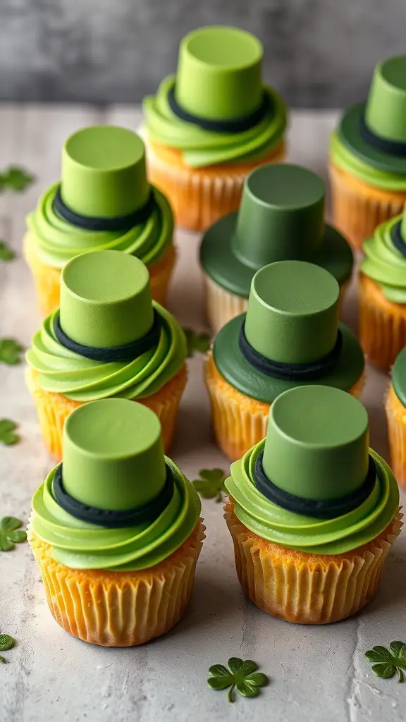 Cupcakes decorated as leprechaun hats with green frosting and fondant