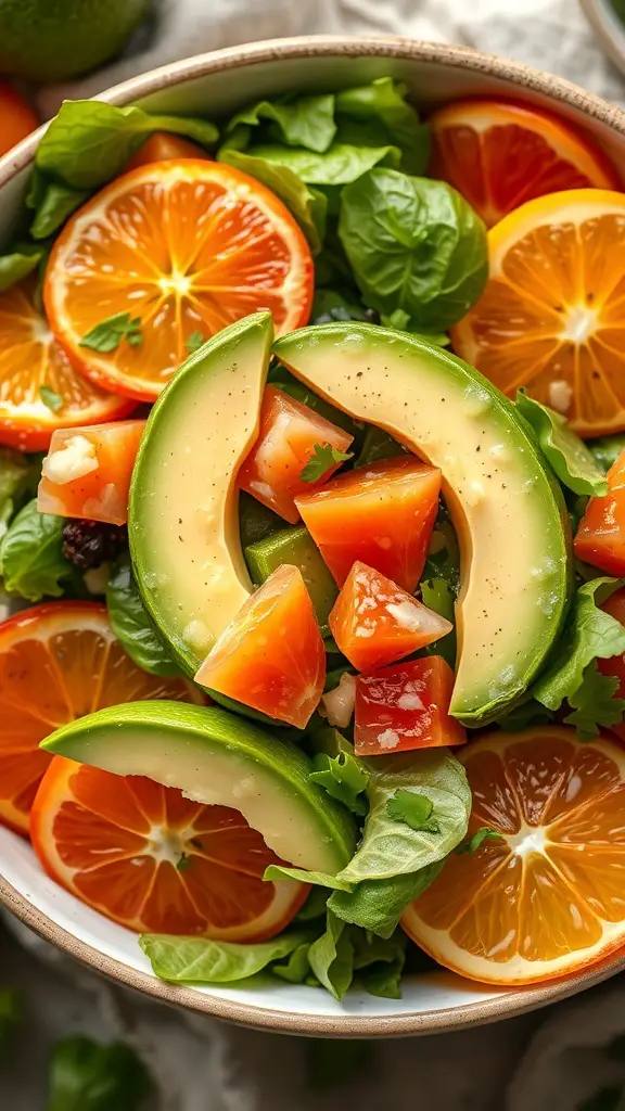 A colorful Citrus Avocado Salad featuring greens, orange slices, and avocado.