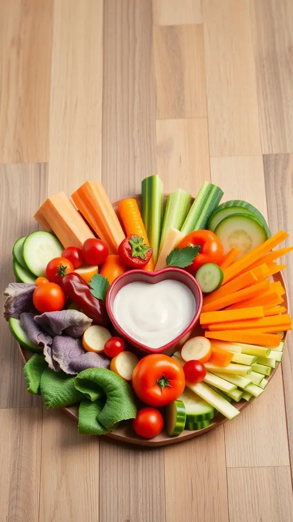 A heart-shaped vegetable platter with various colorful vegetables and a heart-shaped dip bowl in the center.