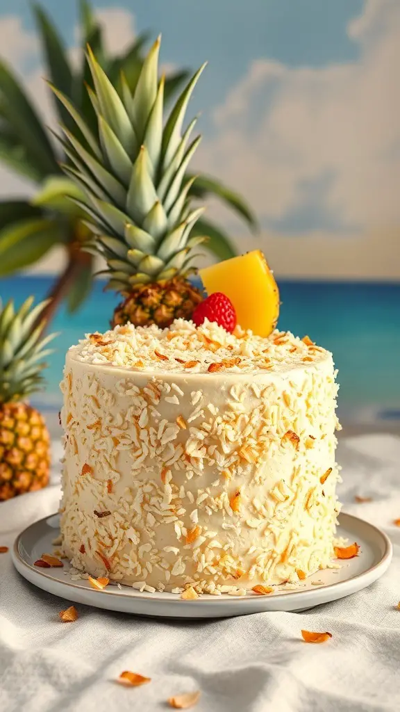 A delicious Pineapple Coconut Layer Cake decorated with coconut flakes and topped with pineapple and a cherry, set against a tropical background.