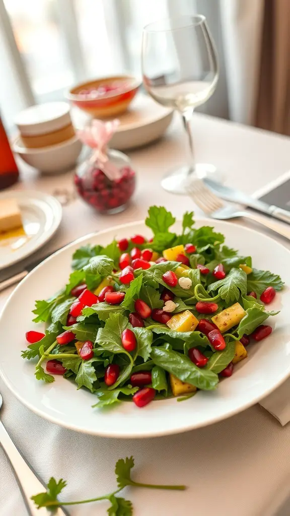 A colorful Sweetheart Salad with pomegranate seeds, leafy greens, and diced mango on a white plate.