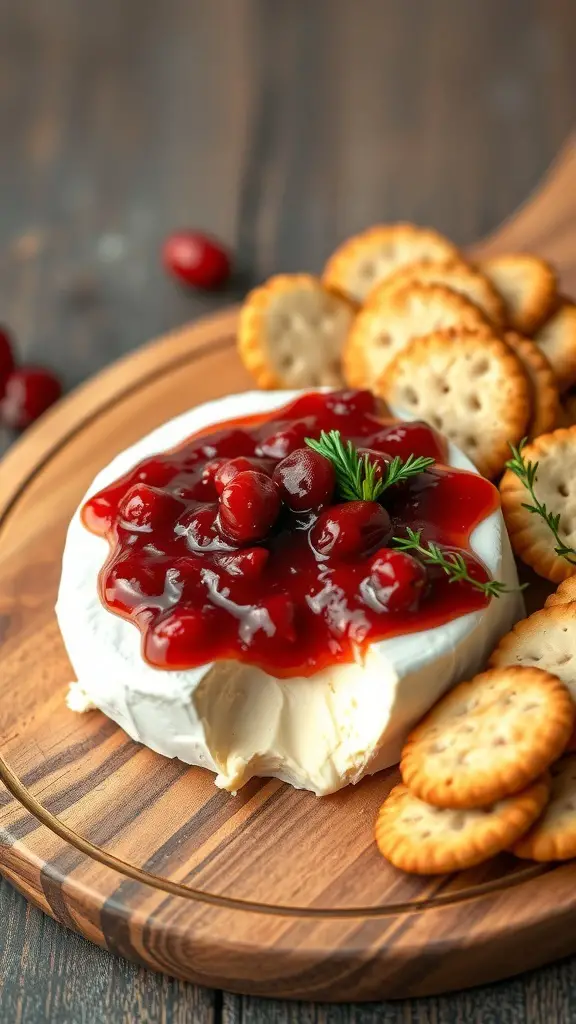 A round of baked Brie topped with cranberry sauce, surrounded by crackers on a wooden platter.