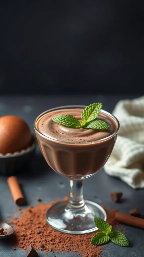 A glass of chocolate avocado mousse topped with mint leaves, surrounded by cocoa powder and chocolate pieces.