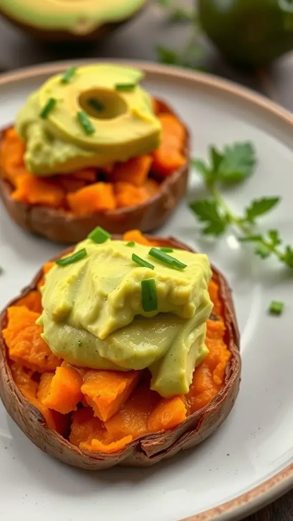 Sweet potato rounds topped with avocado and garnished with chives