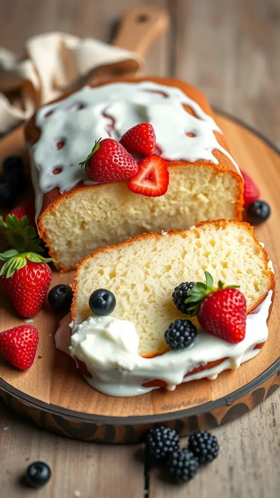 A beautifully sliced vanilla bean pound cake topped with white icing and fresh strawberries and blueberries.
