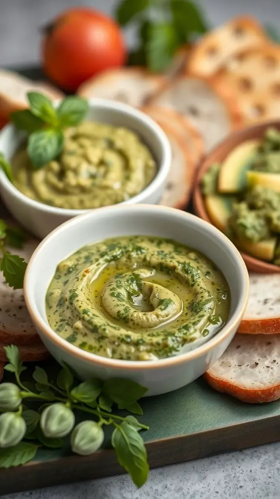 A green charcuterie board featuring pesto and hummus in bowls, surrounded by bread and fresh ingredients.