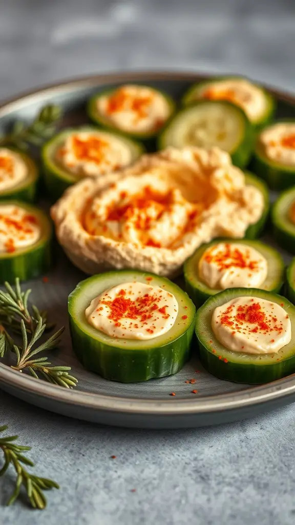 Cucumber slices topped with hummus and paprika on a plate