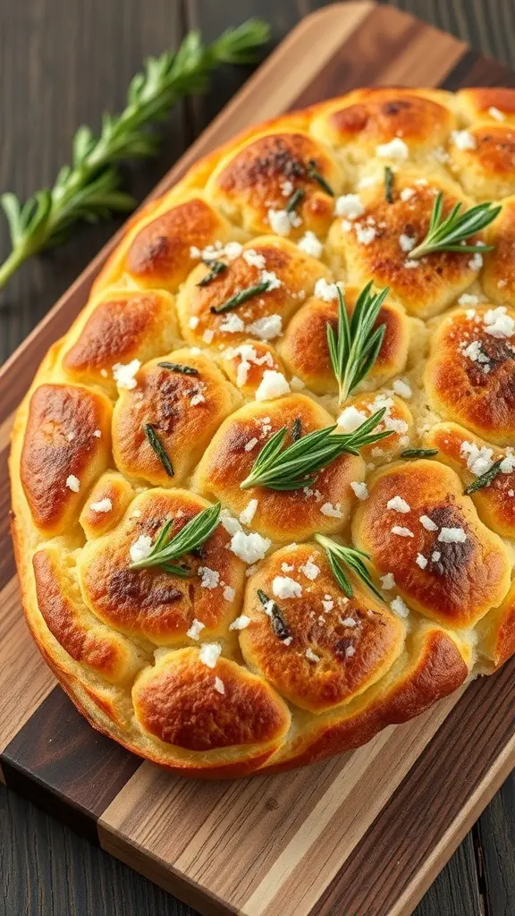 Freshly baked focaccia bread topped with rosemary and sea salt on a wooden cutting board.