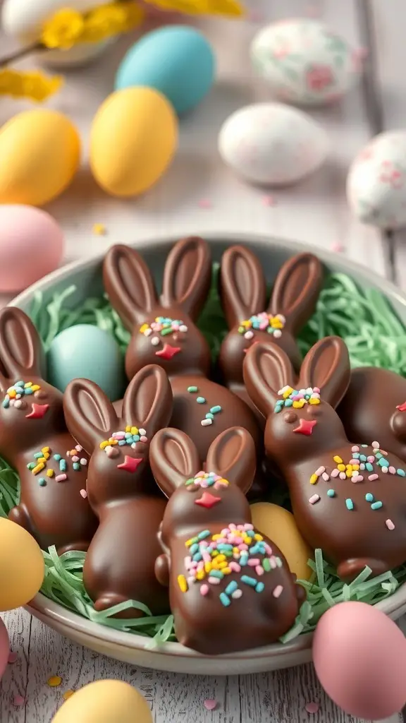 A bowl filled with chocolate-covered bunny treats decorated with colorful sprinkles, surrounded by pastel Easter eggs.