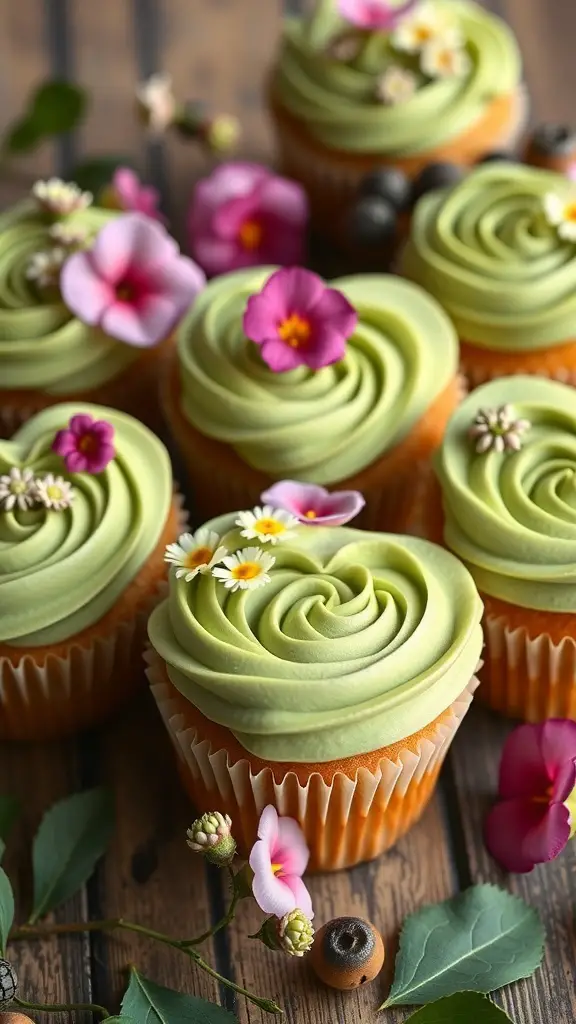 Heart-shaped cupcakes with matcha green tea frosting and edible flowers