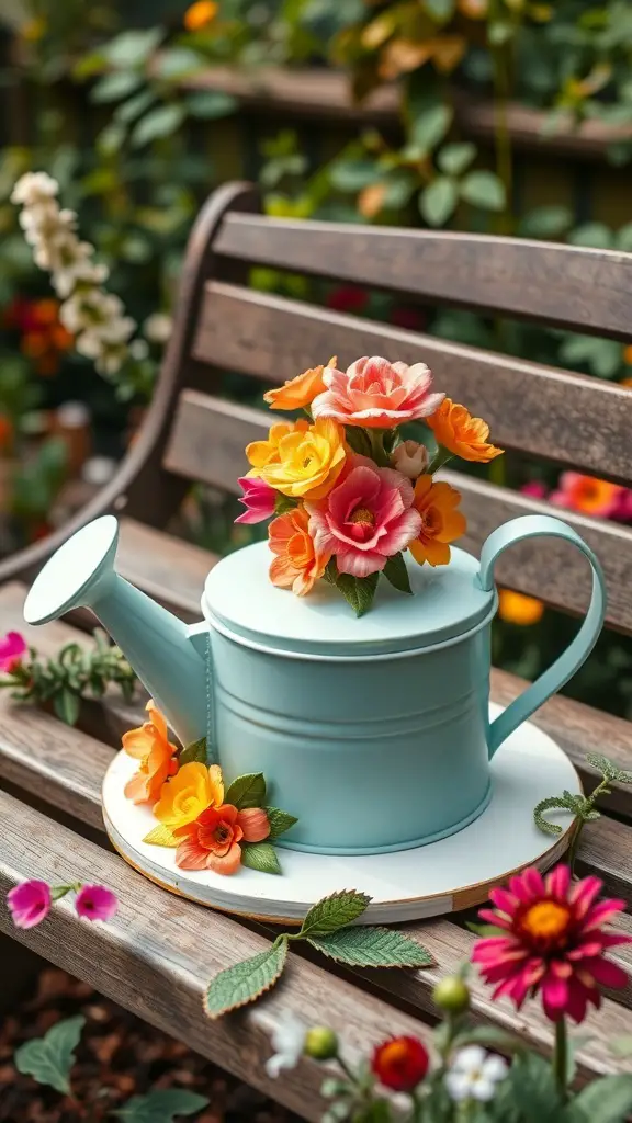 A beautifully crafted watering can cake decorated with colorful flowers, sitting on a wooden bench surrounded by a garden.