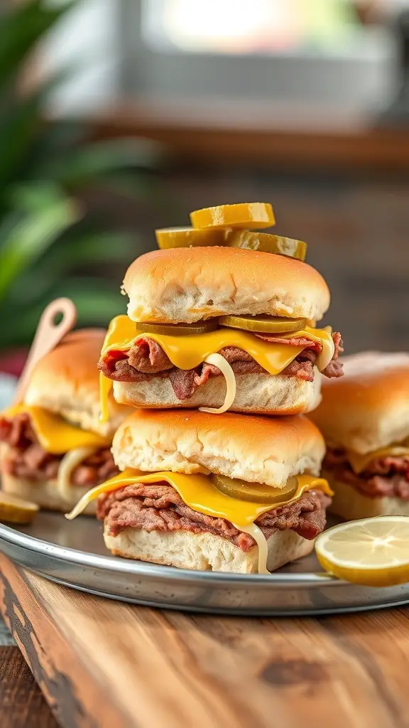 A plate of corned beef sliders stacked with cheese and pickles