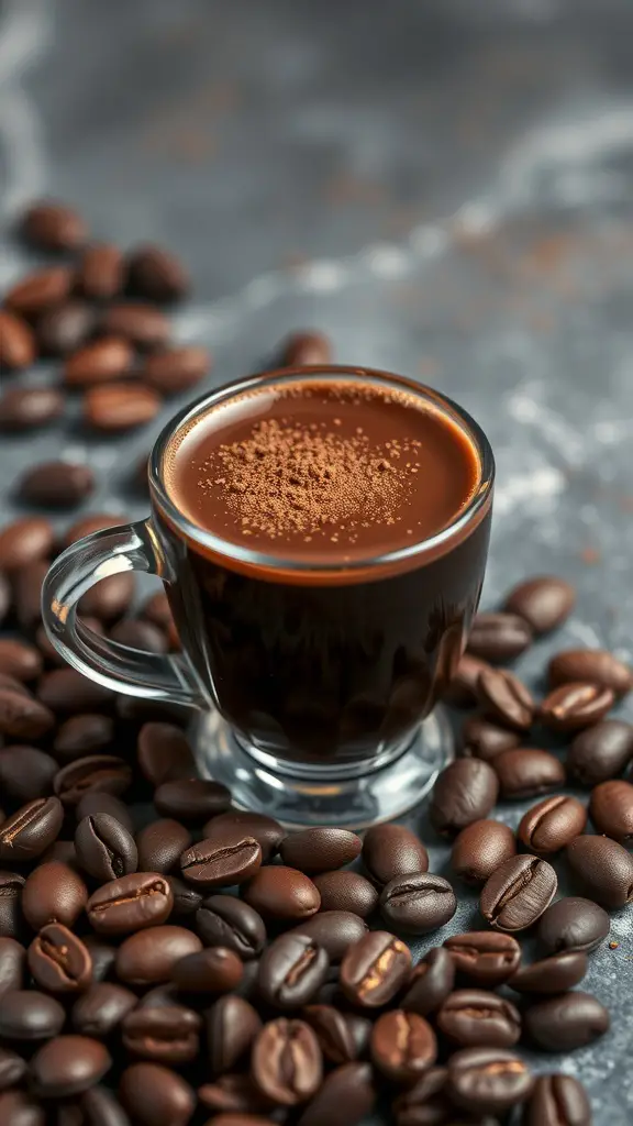 A small glass of dark espresso topped with cocoa powder, surrounded by coffee beans.