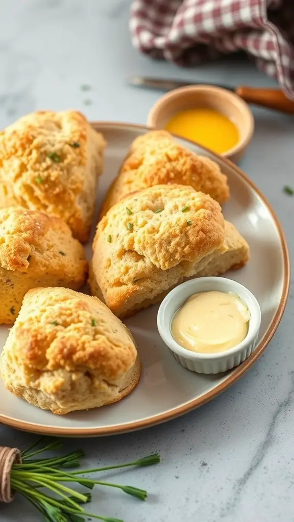 Cheddar and chive scones on a plate with butter and a small bowl of egg wash