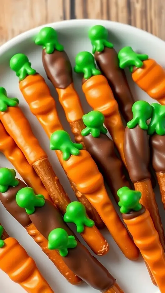 A plate of chocolate-dipped pretzel carrots, featuring orange pretzel rods with green candy tops.