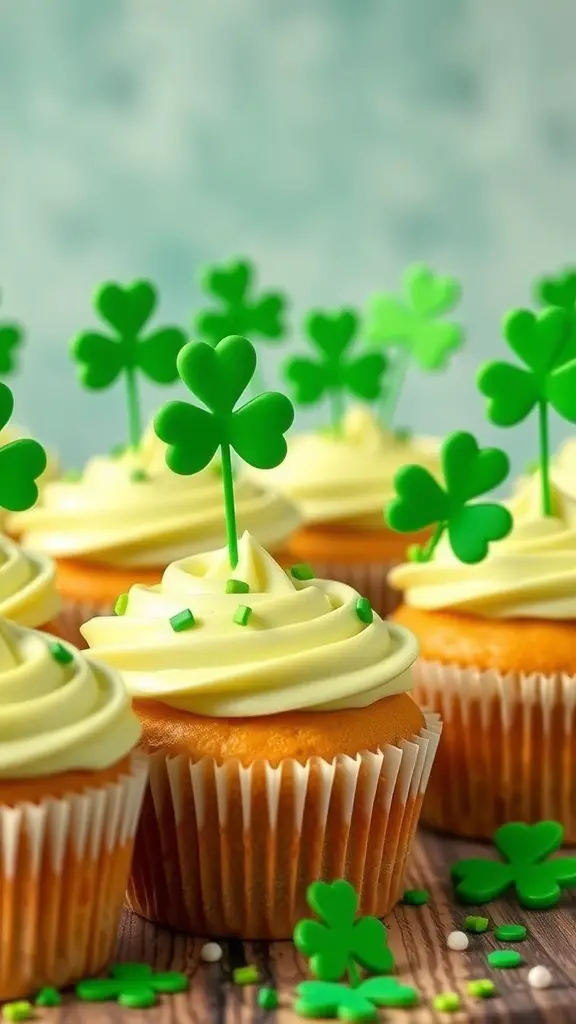 St. Patrick's Day cupcakes with green frosting and shamrock decorations