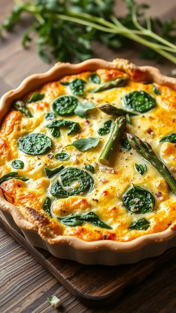 A freshly baked spring vegetable quiche with spinach and asparagus.