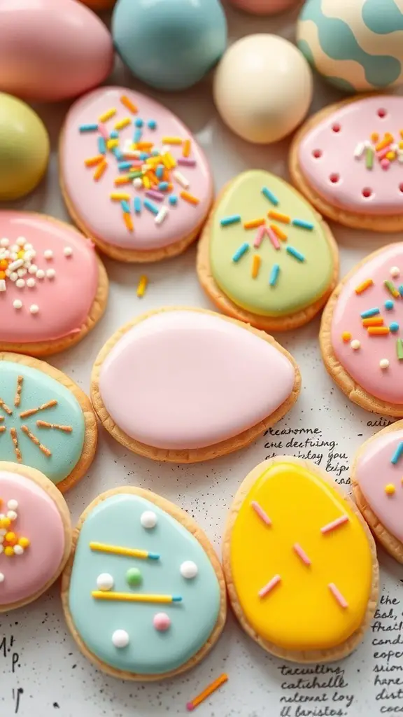 Colorful Easter egg sugar cookies decorated with icing and sprinkles
