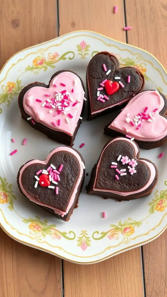 Heart-shaped brownies decorated with pink frosting and sprinkles on a decorative plate.